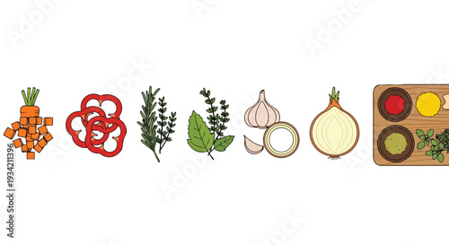 Flat 2D pattern of various cooking ingredients on a horizontal layout