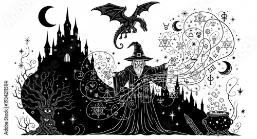 Mystical wizard conjuring magic with dragon and castle in dark fantasy scene.