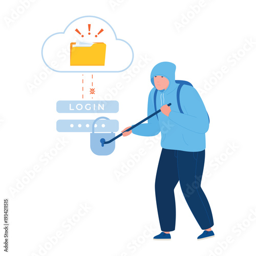 Illustration of a hacker hacking into accounts using specialized tools to steal account data in a digital environment