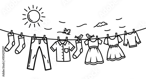 Clothesline with various garments hanging to dry under the sun, outdoors.