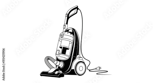 Detailed illustration of a vacuum cleaner, ready for cleaning tasks, black and white.