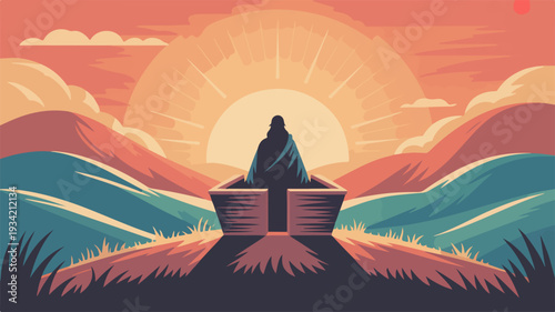Vibrant illustration of a serene desert temple at sunset with majestic mountains