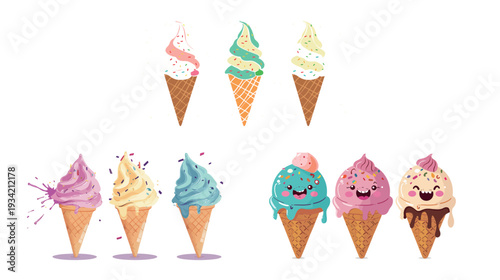 Happy ice cream cones vector illustration with clean shapes, colorful dessert flat design