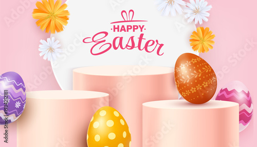 Easter banner featuring colorful decorated eggs and podiums. Festive design includes Happy Easter lettering and space for products.