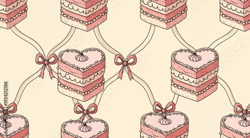 Seamless pattern of pink heart shaped cakes with bows on a pale peach background for valentines day or wedding decorations