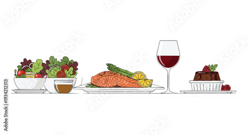 Flat 2D illustration of a horizontal cooking pattern featuring a salad, soup, grilled salmon with vegetables, red wine, and chocolate dessert on a white background.