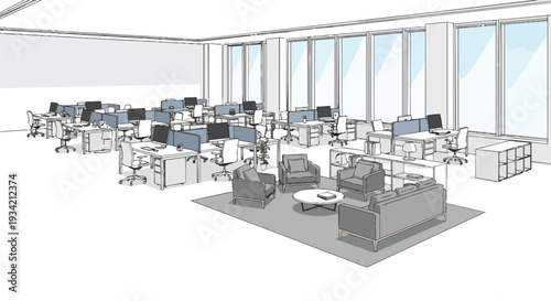 A modern office interior with a flat 2D design, featuring a spacious open area with multiple workstations and a cozy seating section, set against a clean white background with ample copy space in a