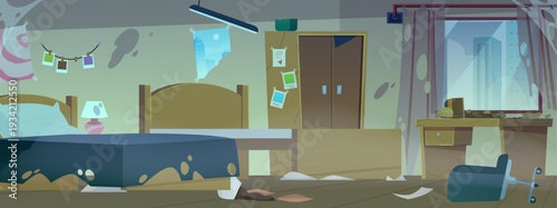 Destroyed and abandoned interior of dormitory bedroom, broken furniture wardrobe, table, beds and armchair flat vector