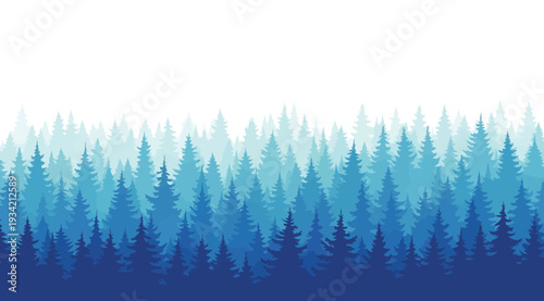 Gradient blue ombre forest landscape with evergreen trees on white background