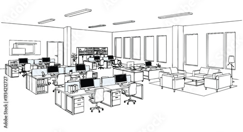 Line drawing of a modern office interior with rows of desks and computers in a horizontal layout, featuring copy space and a flat 2D design