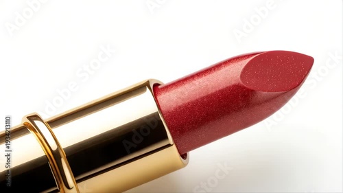 Shiny red lipstick in a sleek gold bullet tube isolated on a white background for a touch of glamour and beauty