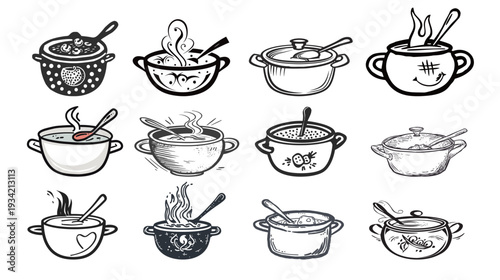 Hand-drawn whimsical pot of soup with spoon icon, cute doodle kitchen illustration