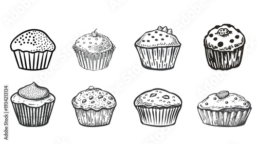 Hand-drawn whimsical muffin icon with dotted texture, cute bakery doodle