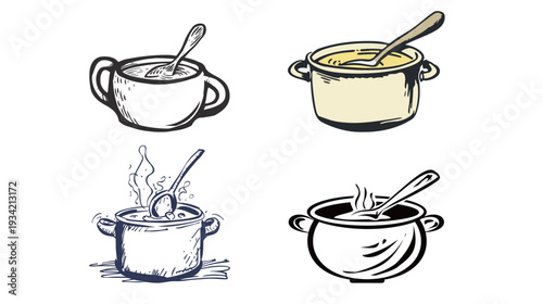 Hand-drawn whimsical pot of soup with spoon icon, cute doodle kitchen illustration
