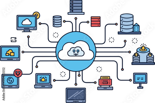 Cloud computing illustration showcasing various devices connected to a central cloud icon with data storage and transfer