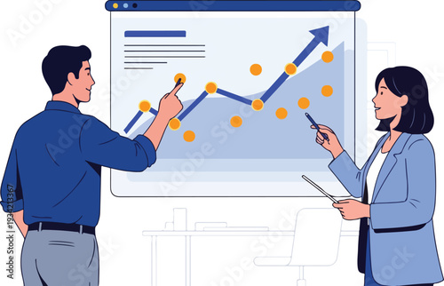 Professionals analyzing business growth trends on a large screen display in a modern office setting from a slightly elevated viewpoint
