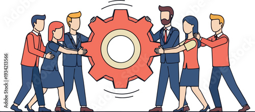 People working together to turn a large gear in an office setting.