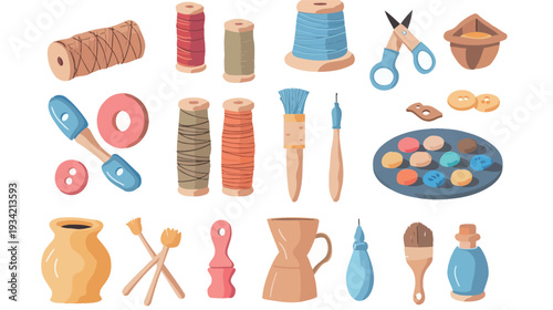 Handmade craft icons set with scissors thread spool needle button and paint brush, flat clean vector illustration