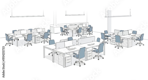 A modern office interior with multiple white desks and blue chairs arranged in an open layout, featuring a flat 2D design with ample copy space on a clean white background.