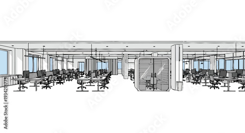 A modern office interior with a flat, 2D design, featuring rows of desks and chairs in a horizontal layout, with ample copy space.