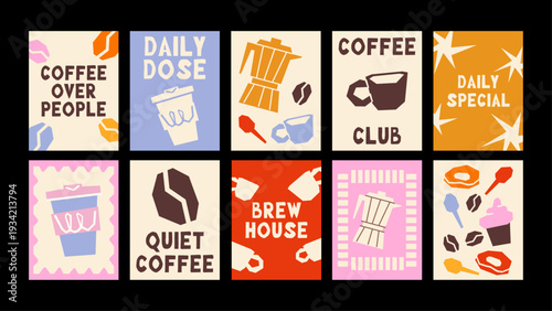 Colorful Mediterranean Coffee Posters with Playful Typography and Modern Café Illustrations