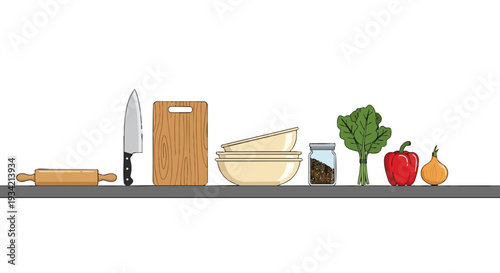 Flat 2D horizontal pattern of kitchen utensils and ingredients for cooking on a countertop
