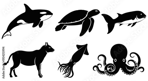 Diverse Animal Silhouettes Collection: Marine and Terrestrial Wildlife Icons