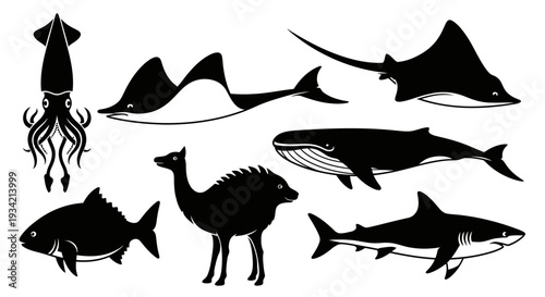 Diverse Animal Silhouettes Collection: Marine Life and Wildlife Icons