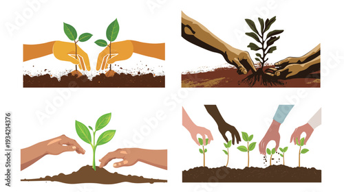Hands planting sapling vector illustration, eco-themed environmental conservation flat design