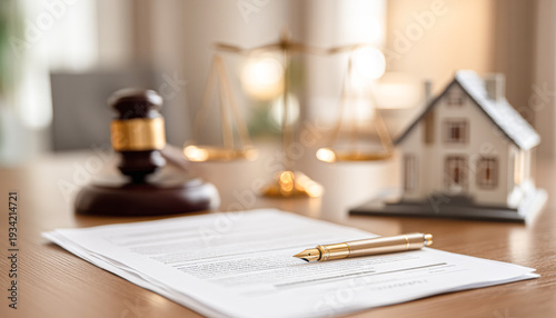 Legal documents, a pen, a gavel, and a small house model on a wooden desk symbolize real estate law and property agreements.