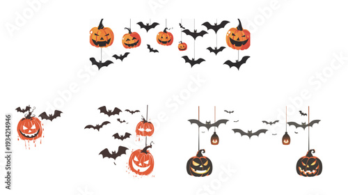Hanging jack-o-lanterns with glowing faces and flying bats, spooky Halloween decoration vector illustration