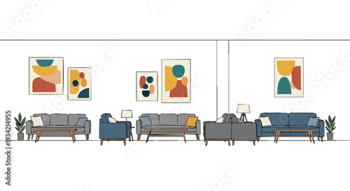 Flat 2D illustration of a modern office interior with a row of gray and blue couches and colorful abstract art on the wall, against a white background with copy space.