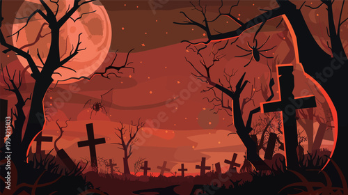 Happy Halloween scary scene with black glowing moon and dead trees, spooky night forest vector illustration