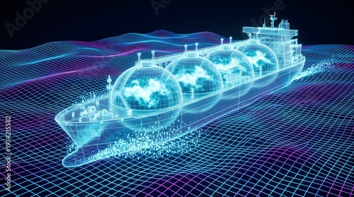 3D Holographic LNG Tanker Ship Navigating Digital Ocean Grid