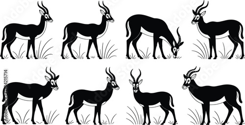 Black and white gazelle vector silhouette set, elegant antelope grazing in savanna grass, minimalist wild animal illustration for nature and wildlife design