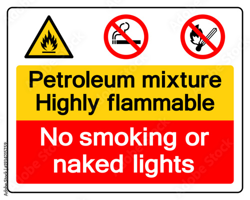 Petroleum mixture Highly flammable No Smoking Or Naked Light Symbol Sign, Vector Illustration, Isolate On White Background Label. EPS10