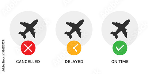Flight Status Icons Set Isolated on White Background Vector Illustration. Airport Flight Status Icons Collection