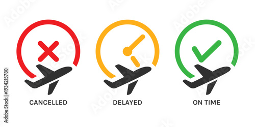 Airport Flight Status Icons Set Isolated on White Background, Aviation Information Vector Collection
