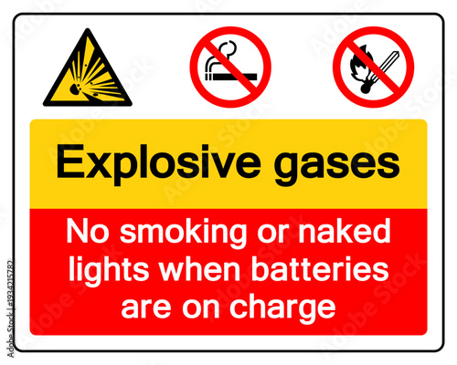 Explosive Gasses No Smoking Or Naked Light When Batteries Are n Charge Symbol Sign, Vector Illustration, Isolate On White Background Label. EPS10