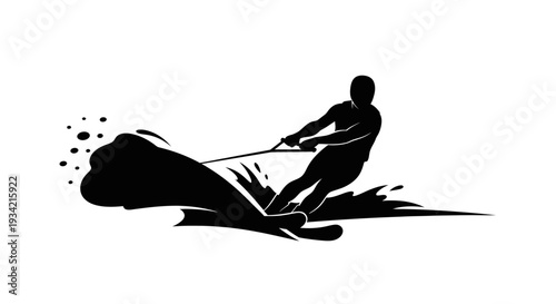 Silhouette of a Man Waterskiing on a White Background.