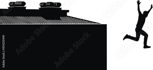 Black silhouette of a man jumping from a rooftop, parkour athlete performing extreme stunt between buildings, urban free running and adrenaline concept.