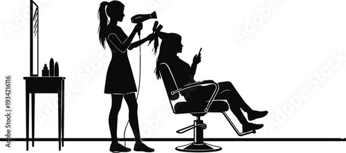 Black silhouette of hairstylist drying hair for woman in beauty salon, hairdresser using hair dryer on female customer sitting in chair, professional.