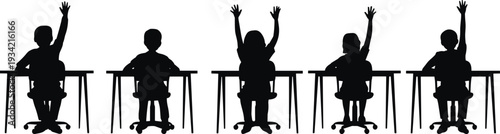 Black silhouette of school children sitting at desks in classroom, group of students raising hands to answer teacher, education and learning concept.