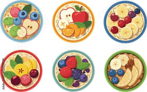 Healthy oatmeal breakfast bowls top view vector set, organic porridge with fresh berries apple banana orange and mint, nutritious morning meal illustration,