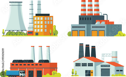 Industrial factory building vector set, manufacturing plant with cooling towers and chimneys, warehouse exterior with shipping trucks, power station for business design