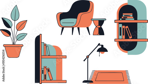Mid-century modern furniture set with armchair, side table, bookshelf, lamp, rug, and potted plant, flat vector interior design elements on white background.