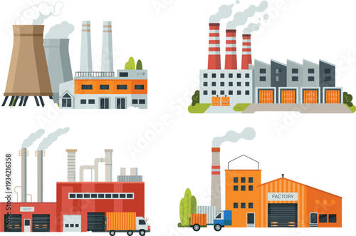 Industrial factory building vector set, manufacturing plant with smoking chimneys, warehouse exterior with cargo trucks, power station icon for business and energy design