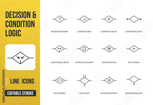 A set of decision and condition logic UI icons for workflows, validation rules, and branching processes in web and app interfaces, created in clean line style with editable stroke.