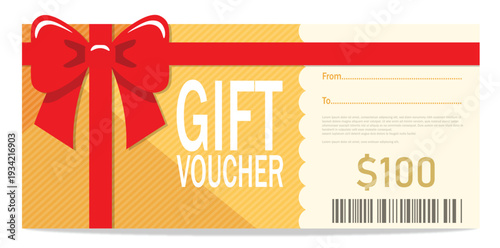 Gift Voucher Template with Red Ribbon and Bow – $100 Discount Coupon Design