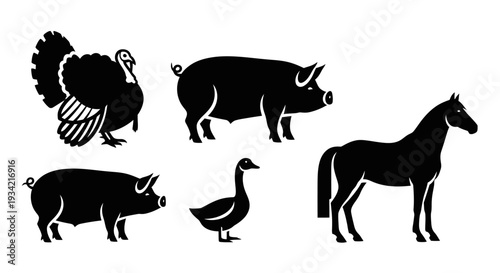 Farm Animals Silhouettes Collection - Turkey, Pigs, Goose, and Horse Icons